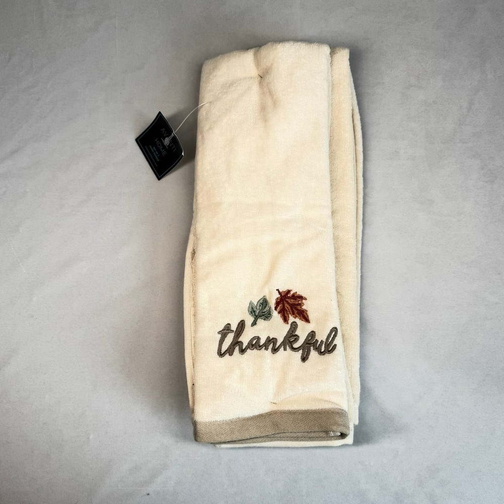 Avanti Home Hand Towels 2PK Ivory Cotton Thankful Fall Embroidered